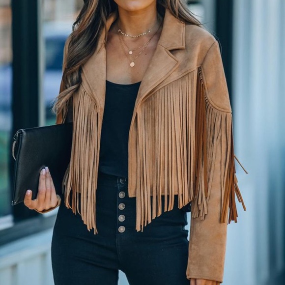 Jackets & Blazers - SOLD OUT Camel Faux Leather Suede Fringe Cropped Western Boho Moto Jacket